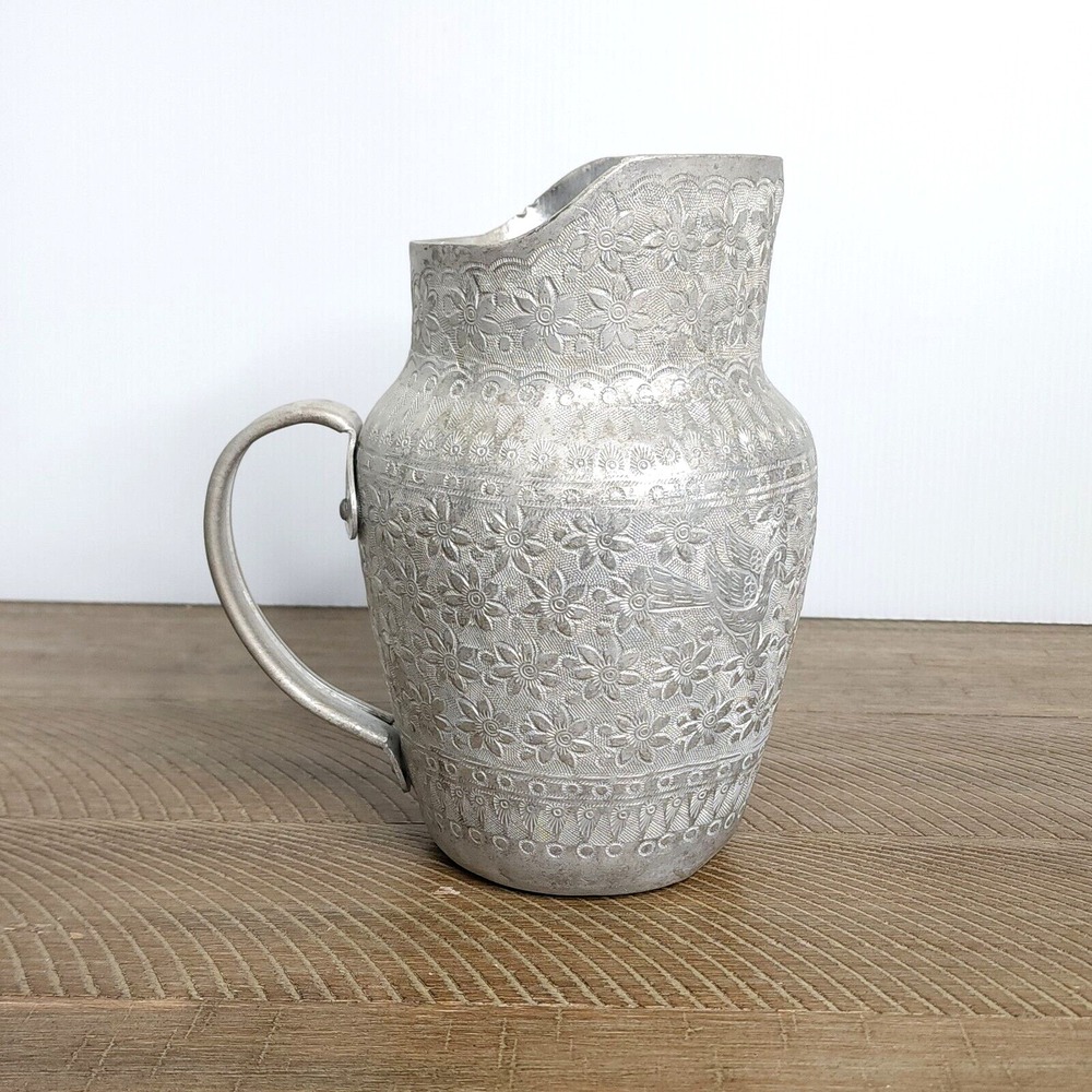 Vintage Etched Floral Aluminum Water Pitcher Diamond Brand Made in Thailand